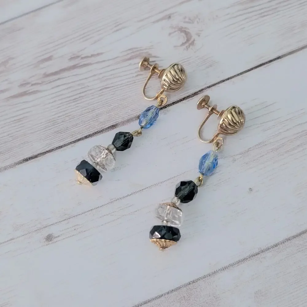 Vintage Screw Back Earrings Gold Tone, Blue. Black, Clear Long Dangle